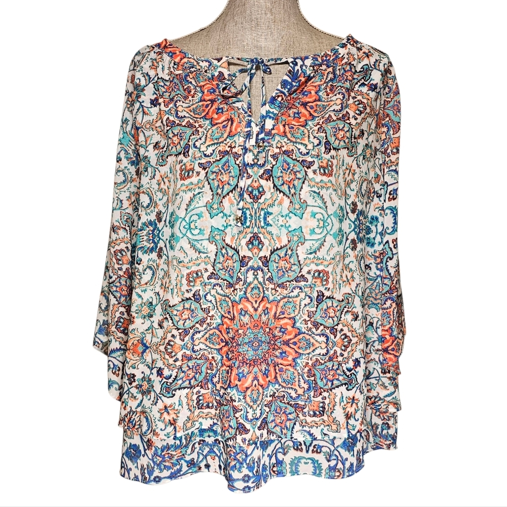 Boho Floral Tunic Blouse - Women Size XL - Cottagecore Grandma Flowy Peasant Top